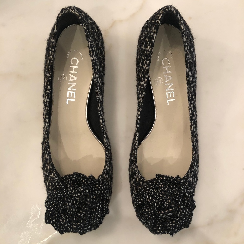 Chanel Tweed Flower Applique Flats 36.5